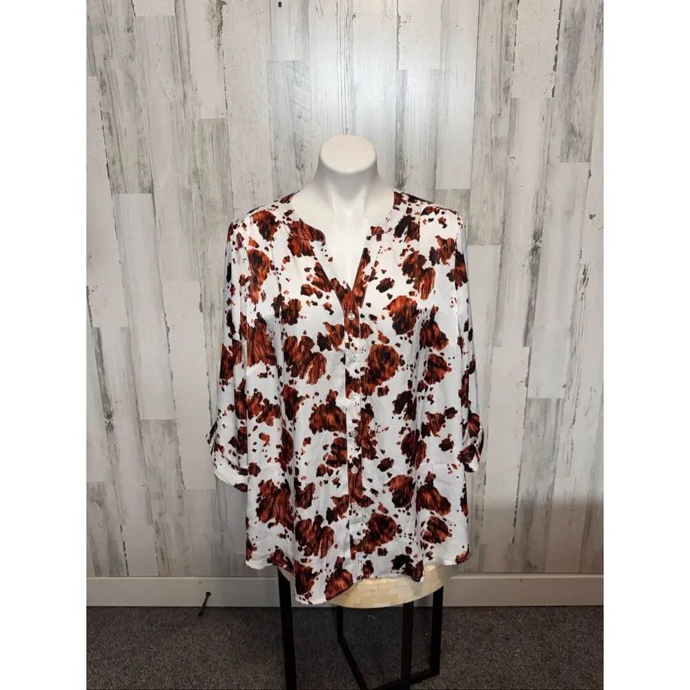 Sara Michelle Cow Print Button Down Blouse Womens Size 2X Satin Tunic Roll Top S